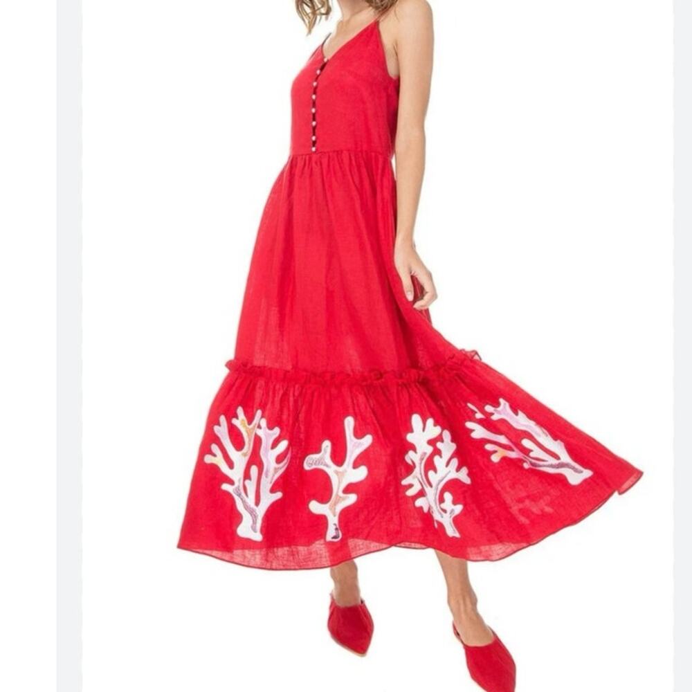 LEE PFAYFER Red Linen Embroidered Flowy Maxi Dress Size Small Quiet Luxury